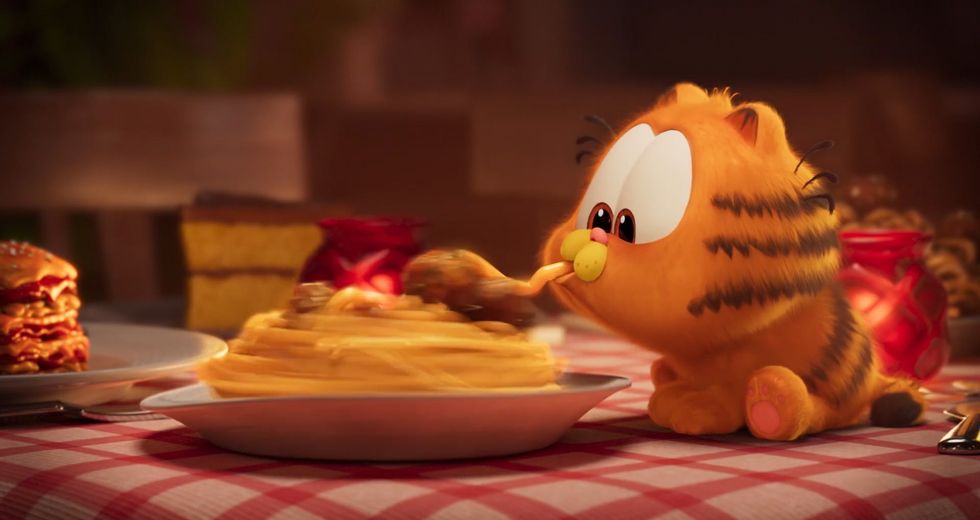 garfield eating spaghetti, the garfield movie trailer