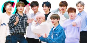 kpop group cravity standing in dance poses for the tiktok challenge challenge with cosmopolitan