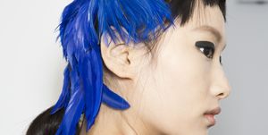 Hair, Blue, Face, Hairstyle, Chin, Hair coloring, Beauty, Shoulder, Fashion, Electric blue, 