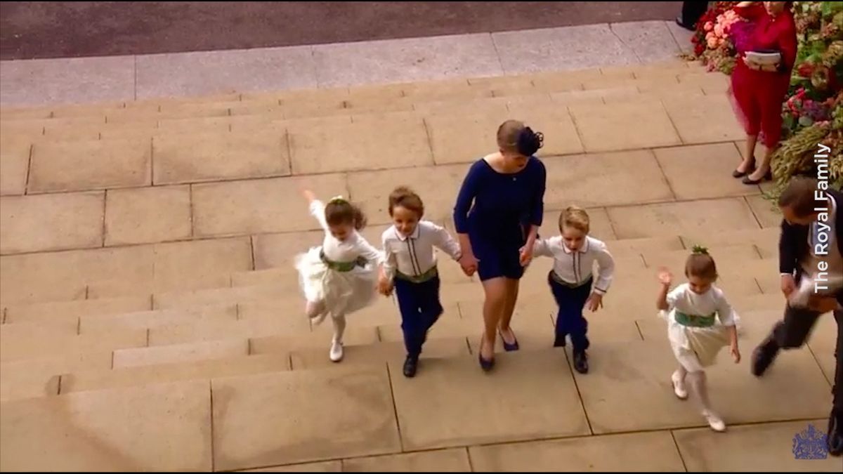 preview for Prince George and Princess Charlotte wave as they arrive at Princess Eugenie's wedding