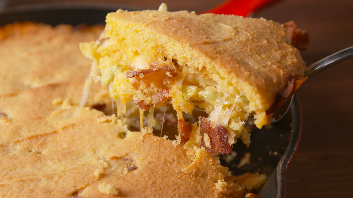 preview for This Loaded Skillet Cornbread is the Only Bread You Need on Your Thanksgiving Table.
