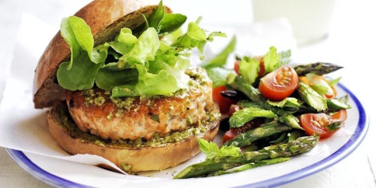 Pesto Salmon Burgers with Asparagus and Tomato Salad Recipe