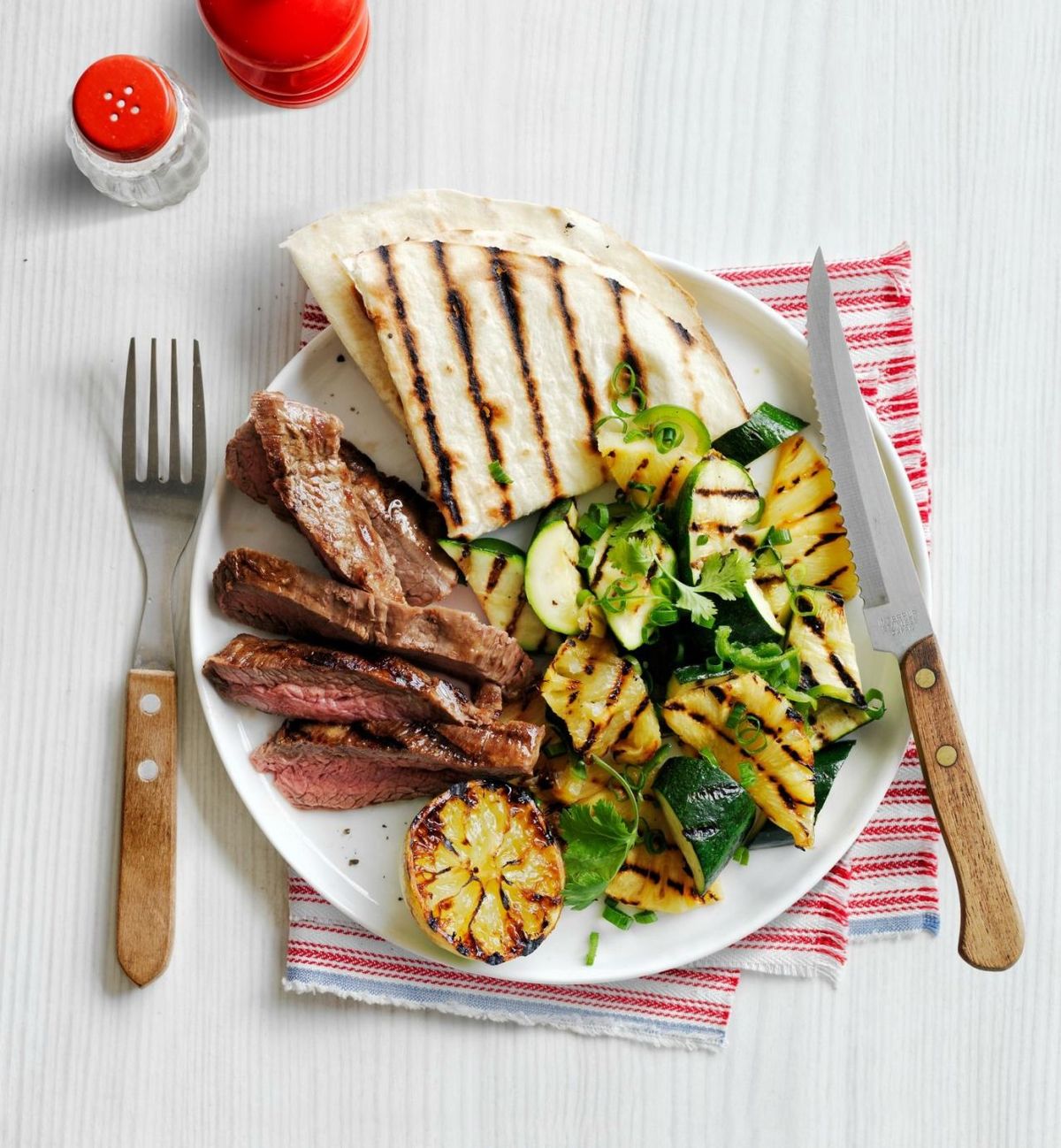 Grilled Skirt Steak with Charred Zucchini and Pineapple Salad