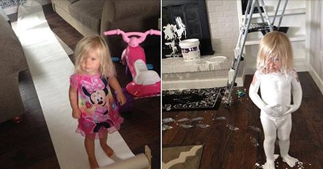 Mischievous Little Girl COVERS Herself in Paint, Leaves Footprints All