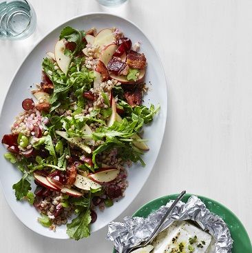 hearty salad recipes - Apple, Farro, and Bacon Salad with Warm Feta Cheese