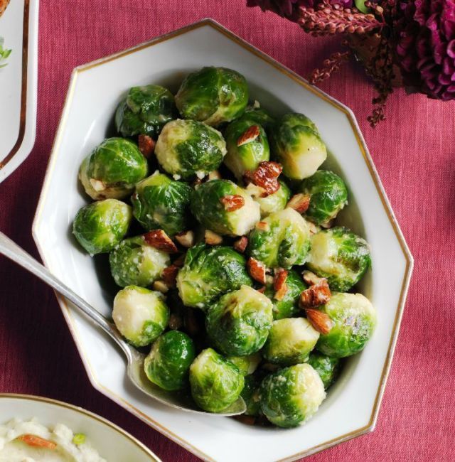 vegetarian thanksgiving recipes maple glazed brussels sprouts with pecorino cheese and almonds