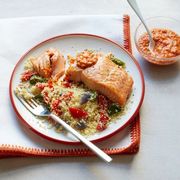 Broiled Salmon and Peppers with Romesco Sauce