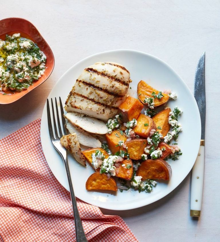 Chicken with Sweet Potatoes and Feta Salsa Verde