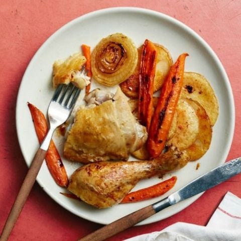 Roast Chicken with Caramelized Potatoes, Carrots and Onions