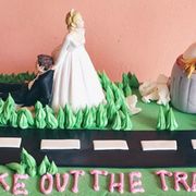 Green, Dress, Cake decorating, Gown, Cake, Dessert, Wedding dress, Cake decorating supply, Baked goods, Bride, 