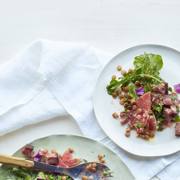 hearty salad recipes   steak with lentil and grapefruit salad