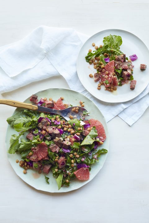 hearty salad recipes   steak with lentil and grapefruit salad