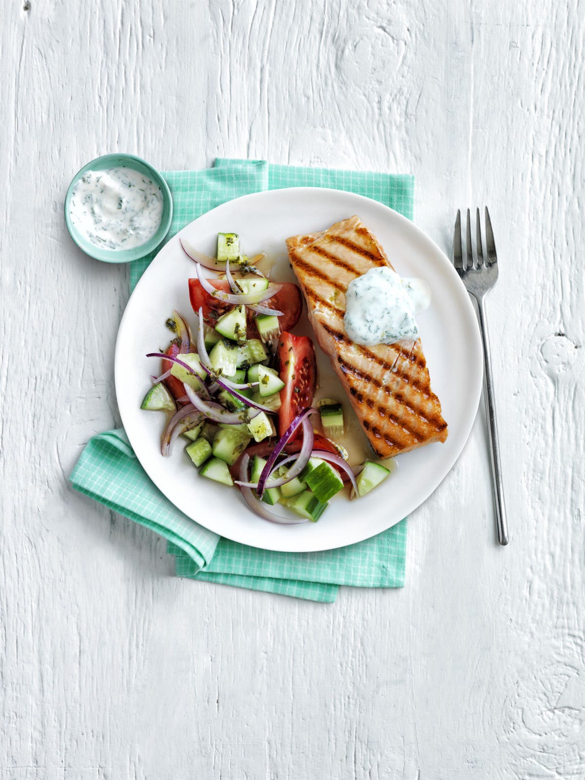 Grilled Salmon with Greek Salad Recipe - WomansDay.com