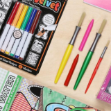 Stationery, Writing implement, Pink, Paper product, Office supplies, Paint, Collection, Office instrument, Cosmetics, Games, 