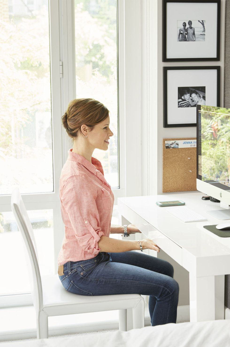 White, Furniture, Sitting, Desk, Room, Yellow, Pink, Interior design, Shoulder, Window, 