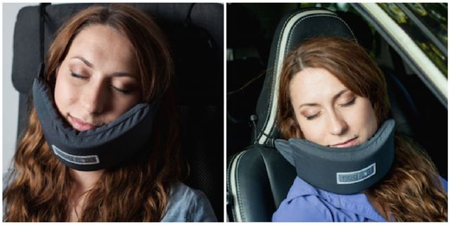 Head hammock' neck pillow helps you sleep on a plane