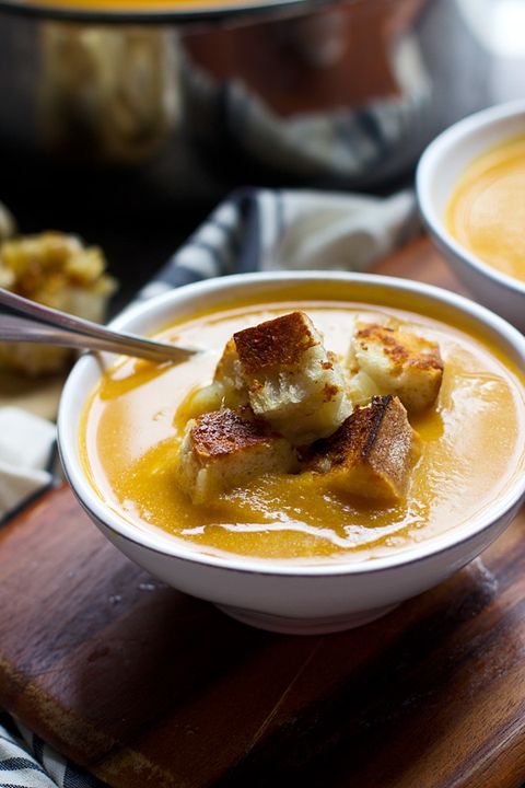 Butternut Squash, Apple Cider and Cheddar Soup with Roasted Garlic Cheddar Grilled Cheese Croutons