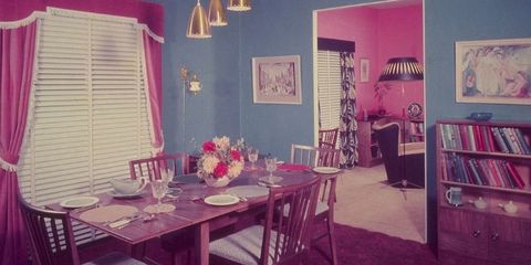 Room, Interior design, Table, Furniture, Window covering, Pink, Interior design, Dining room, Window treatment, Picture frame, 