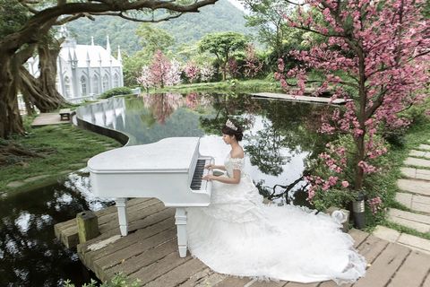 Photograph, Bride, Wedding dress, Dress, Tree, Bridal clothing, Gown, Waterway, Wedding, Ceremony, 