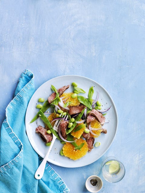 healthy spring recipes  steak snow pea orange edamame salad
