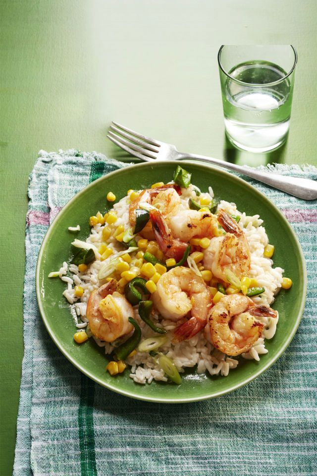 healthy spring recipes sauteed shrimp, poblanos, corn, peppers with creamy rice