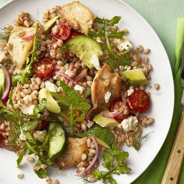 easy chicken dinner recipes - greek chicken avocado farro salad