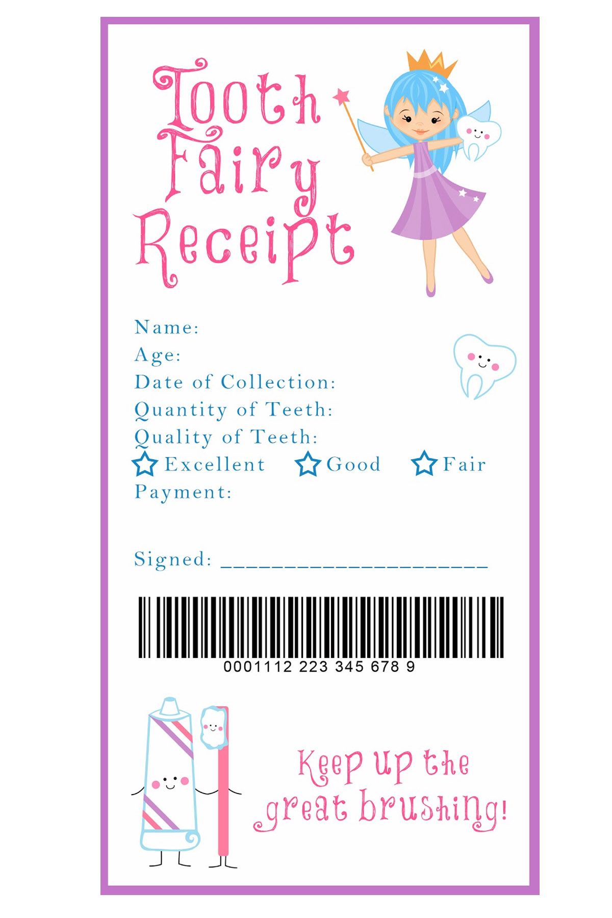 Printable Pink Tooth Fairy Letter and Receipt Lost Tooth Chart 