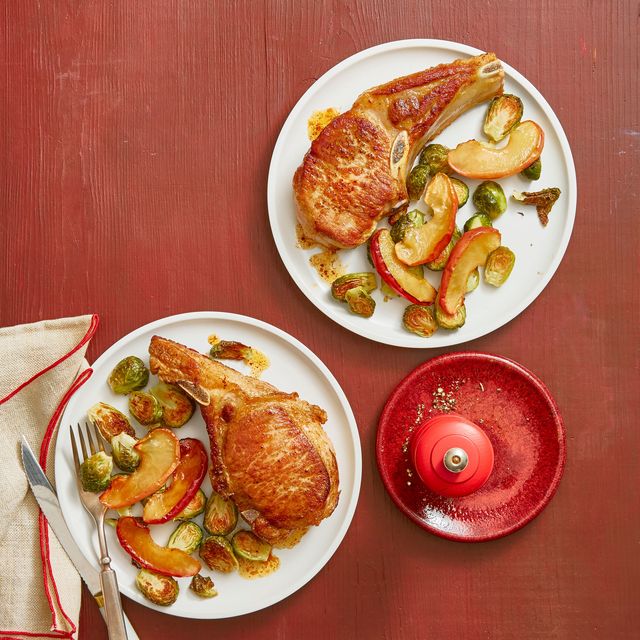 spicy pork chops with brussels sprouts and apples