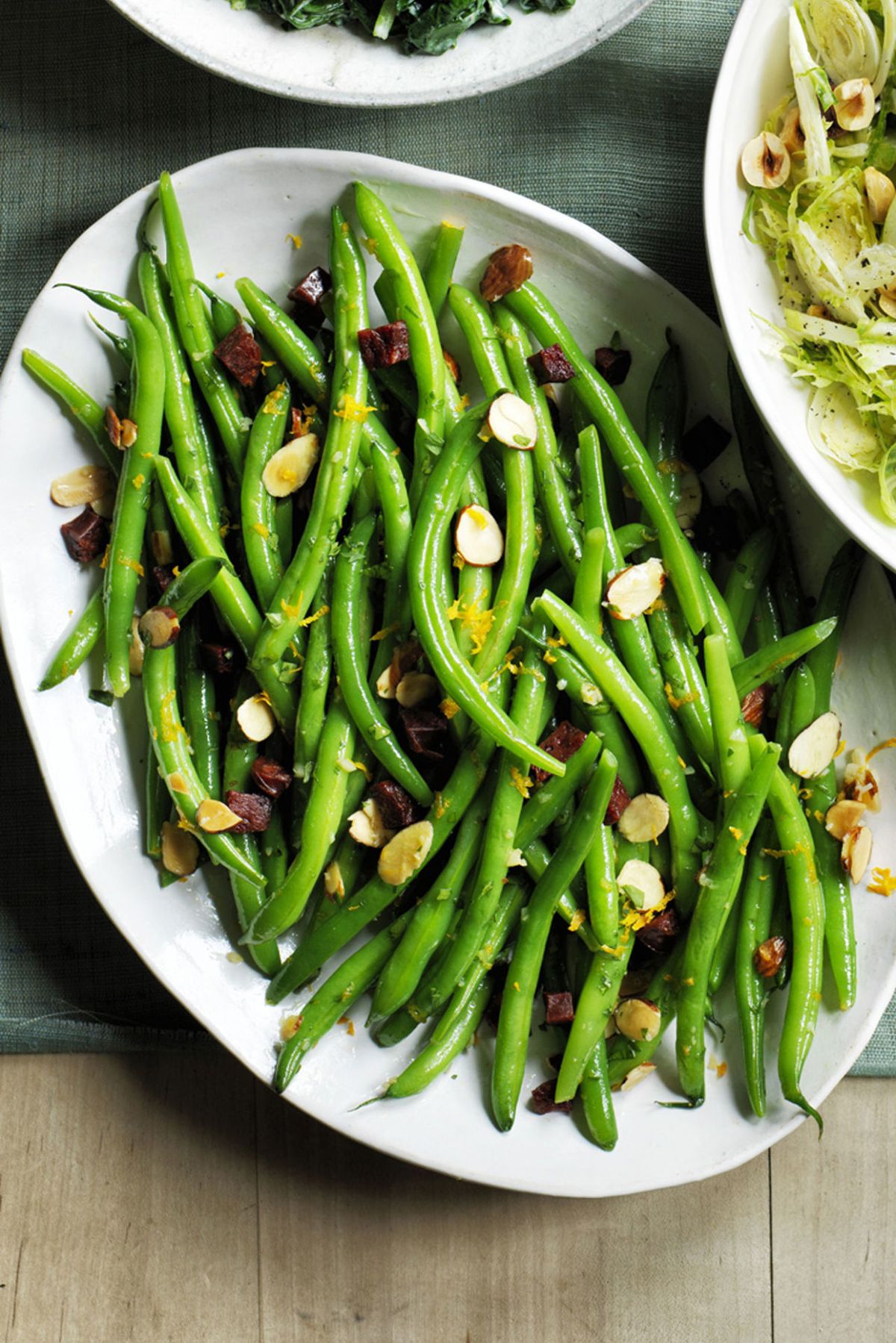 thanksgiving side dishes green beans with chorizo and almond crumbs
