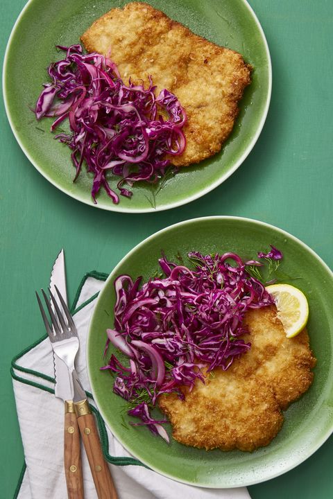 pork schnitzel with red cabbage and carraway salad