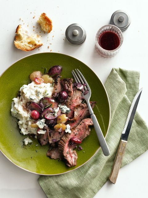 herb garlic crusted flank steak with pan roasted grapes