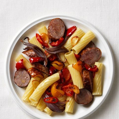 Rigatoni with Sausage, Roasted Peppers & Garlic Oil