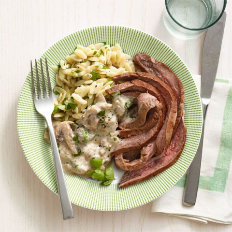 steak with orzo and stroganoff sauce