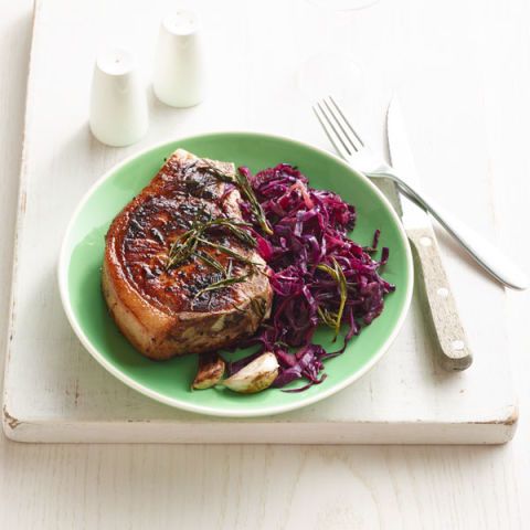 rosemary skillet pork chops with quick braised cabbage