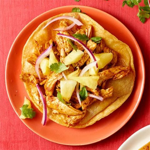 chili chicken tostadas with pineapple and red onion relish