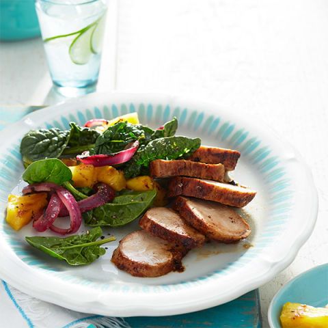 spice rubbed pork tenderloin with pineapple and spinach salad