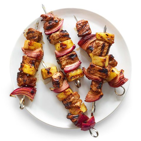 pork pineapple and red onion kebabs