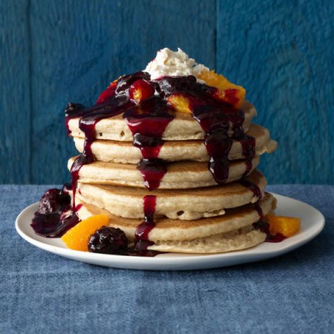 ricotta pancakes with blackberry orange syrup