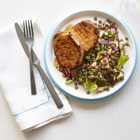 seared pork chops with lentil and apple salad