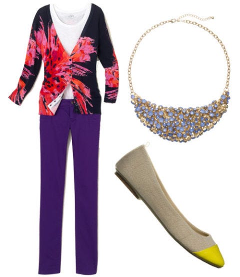 Look #1 floral cardigan and purple pants