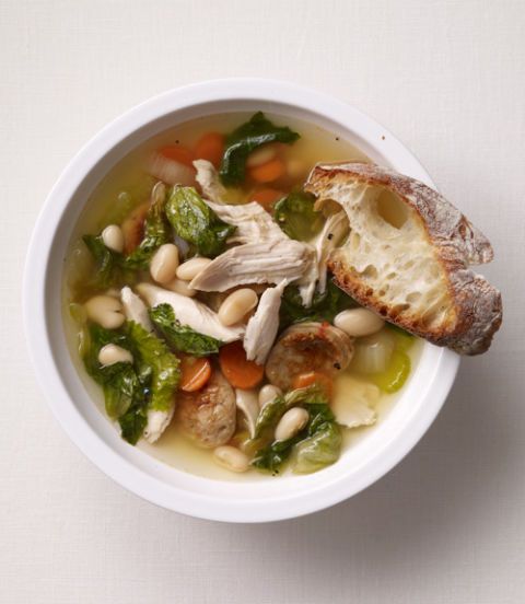 Chicken Soup with Smoked Sausage, White Beans and Greens