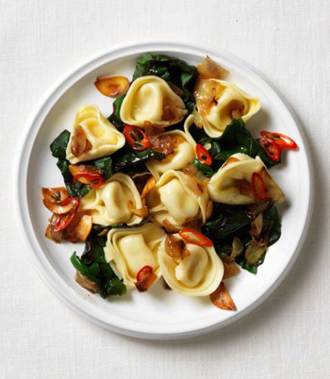 Tortellini with Caramelized Onions, Chard and Garlic Oil