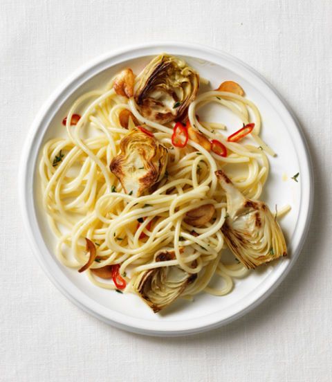 Spaghetti with Artichokes & Lemon-Thyme Garlic Oil