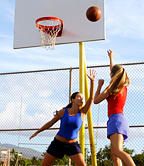 Fun, Basketball hoop, People, Team sport, Volleyball net, Sports equipment, Net, Net sports, Photograph, White, 