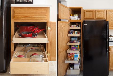 organized pots and pans in a pantry