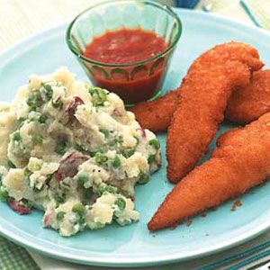 Chicken-Fingers-with-Smashed-Potatoes-Peas