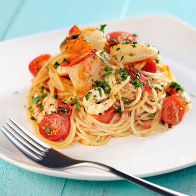 Roasted Shrimp with Garlicky Tomatoes and Spaghetti Recipe