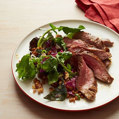 seared steak with lentil walnut and red cabbage salad