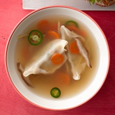 gingery chicken and pot sticker soup