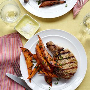 Grilled Pork Chops and Sweet Potato Wedges